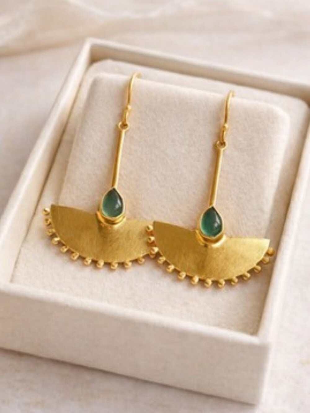 Gold Fan shaped Green Teardrop Cabachon Earrings